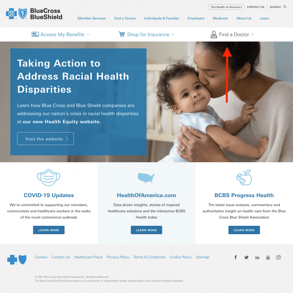 BCBS Homepage. Shows a mother with a child and is pointing to Find A Doctor.