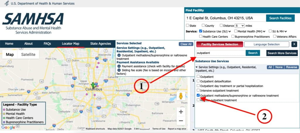Only display outpatient methadone/buprenorphine/naltrexone treatment centers on the SAMHSA treatment locator.